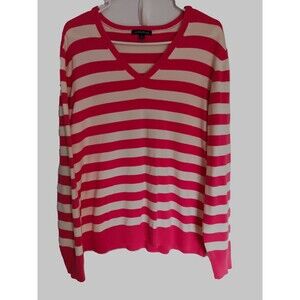 Lands' End Women Pink White Striped V Neck Long Sleeve Sweater, Lg.